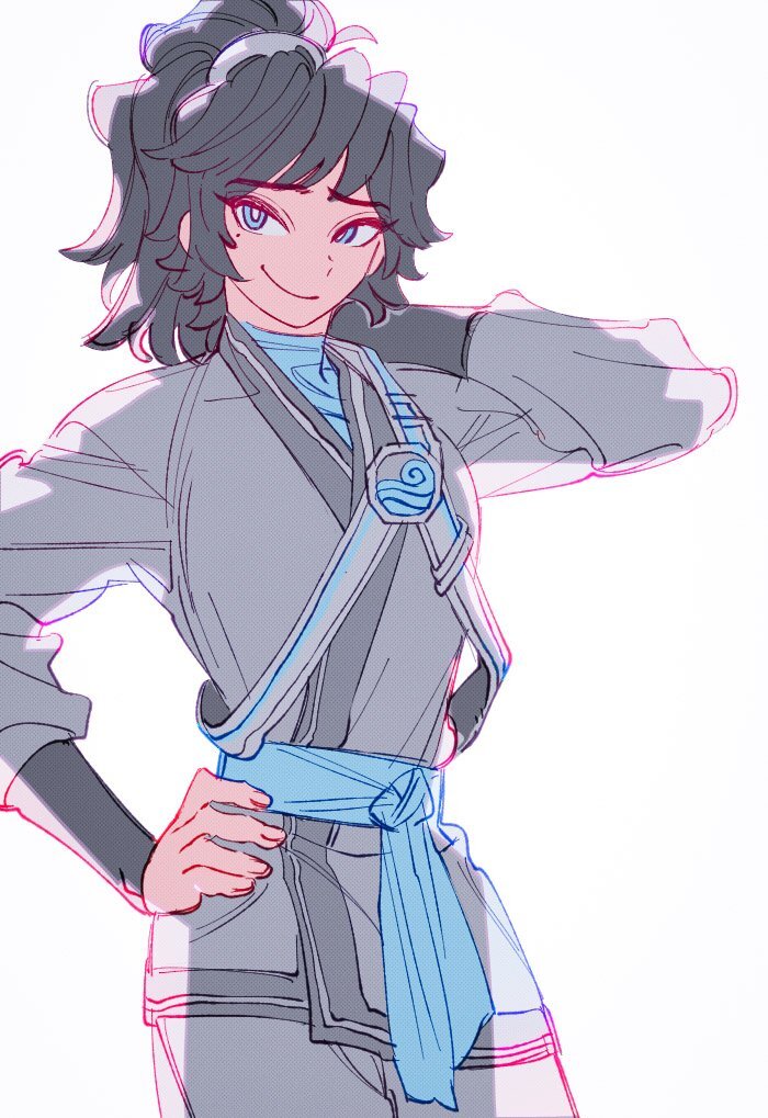 1girl, animification, belt, black_hair, blue_belt, blue_eyes, blue_shirt, bright_pupils, closed_mouth, commentary_request, cowboy_shot, dougi, grey_dougi, grey_pants, haaa_om007ls, hand_on_own_hip, hand_on_own_neck, korean_commentary, long_sleeves, looking_at_viewer, medium_hair, mole, mole_under_eye, ninjago, nya_(ninjago), pants, ponytail, shirt, simple_background, smile, solo, standing, the_lego_group, undershirt, white_background, white_pupils