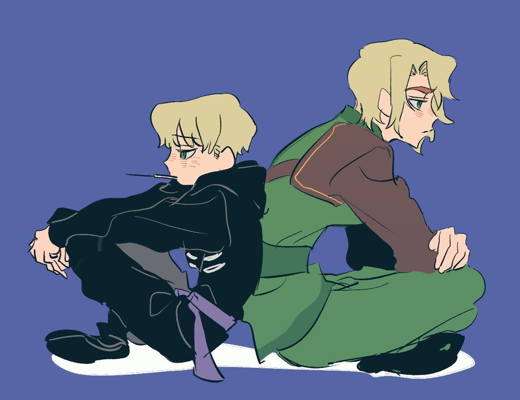 2boys, age_comparison, animification, back-to-back, belt, black_hoodie, black_pants, black_shoes