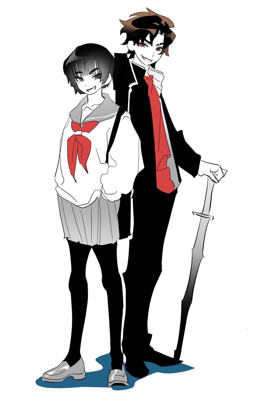 1boy, 1girl, alternate_costume, animification, black_hair, black_jacket, black_pants, black_pantyhose