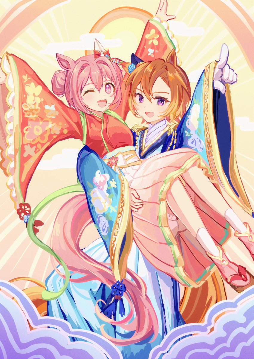 2girls, absurdres, animal_ears, blue_jacket, blush, bow, camellia_(camel_mal), camellia_print