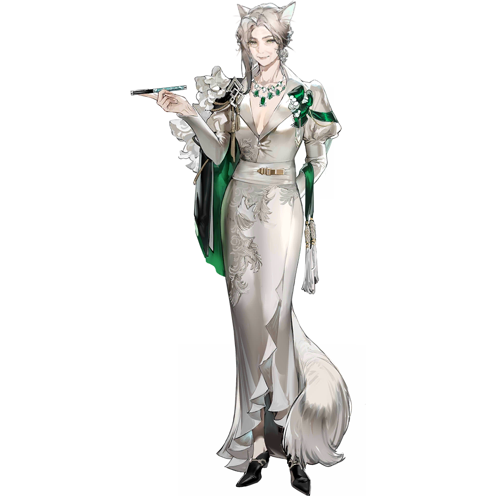 1girl, animal_ears, arknights, arm_behind_back, asymmetrical_hair, banban_(vvvviiiiiia), black_shoes, blonde_hair, breasts, cat_ears, cat_girl, cat_tail, center_opening, cleavage, dress, duke_of_caster_(arknights), full_body, hand_up, holding, holding_smoking_pipe, jewelry, lapels, long_dress, looking_at_viewer, monocle, necklace, official_art, old, old_woman, peaked_lapels, shoes, short_hair, side_cape, smile, smoking_pipe, solo, tail, third-party_source, transparent_background, white_dress