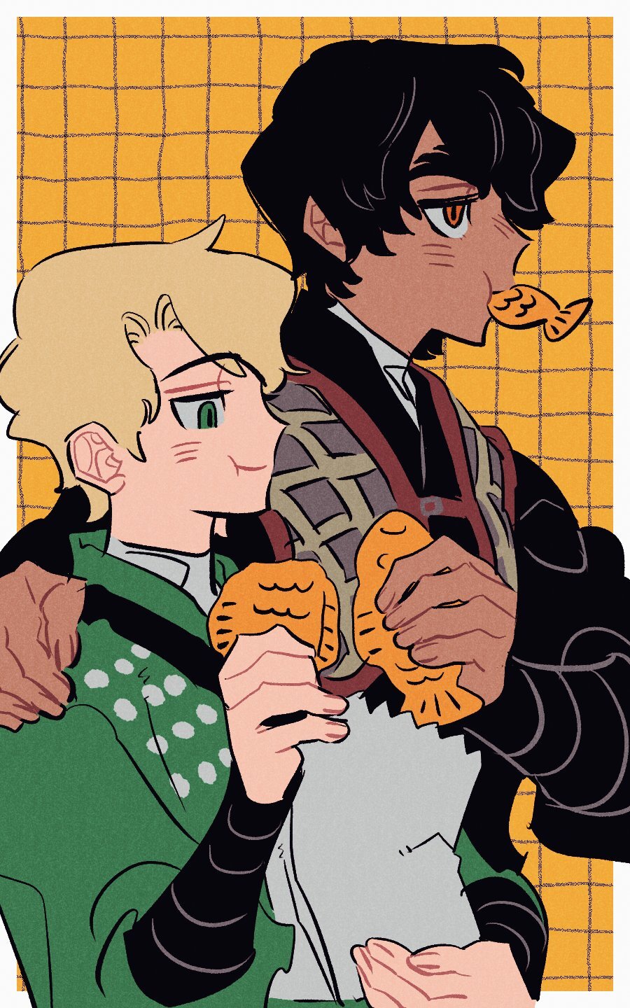 2boys, :t, animification, arm_around_shoulder, bag, black_dougi, black_hair, blonde_hair