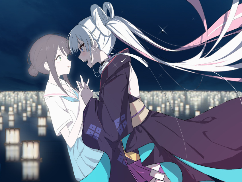 2girls, blue_eyes, brown_hair, cho_kaguya-hime!, eye_contact, fushi_(cho_kaguya-hime!), green_eyes, hair_rings