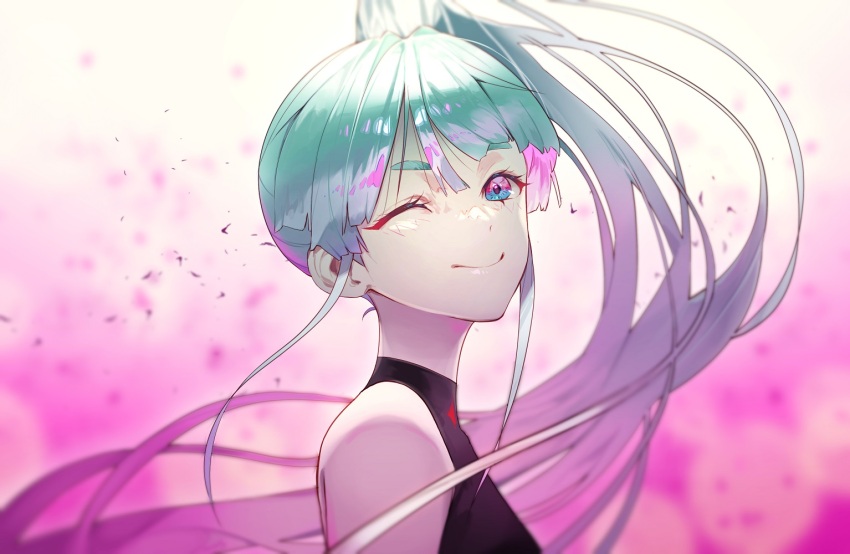 1girl, ;), bare_shoulders, blue_eyes, blunt_bangs, blurry, blurry_background, cho_kaguya-hime!