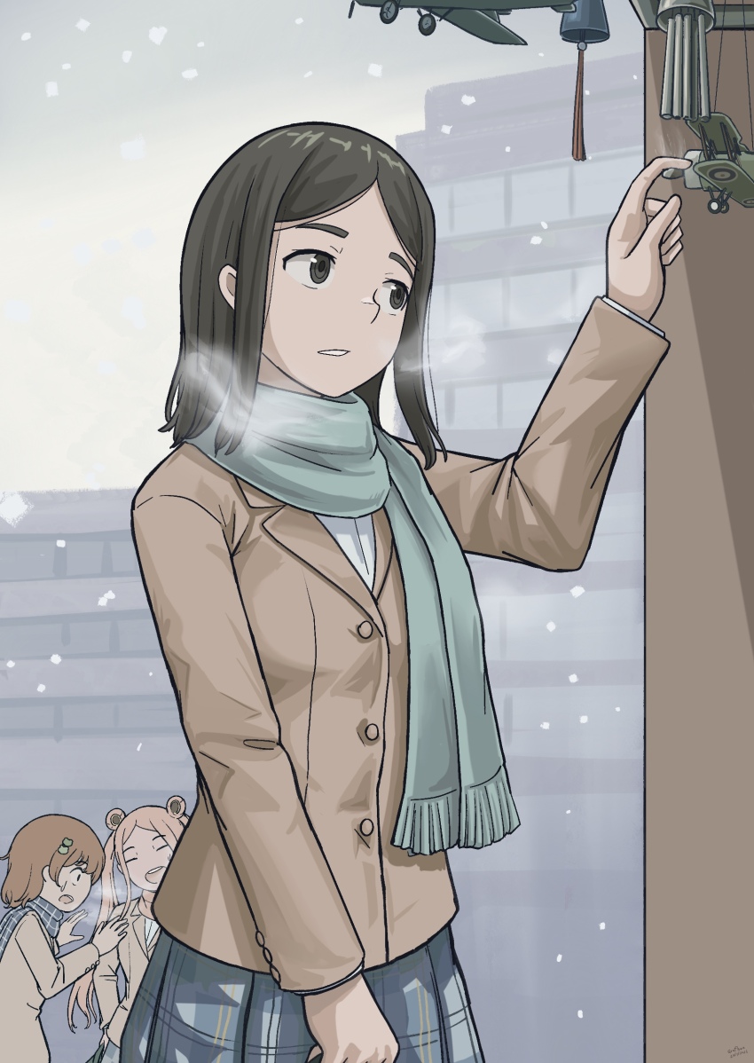 3girls, absurdres, black_hair, blazer, blue_eyes, bow, bowtie, brown_eyes