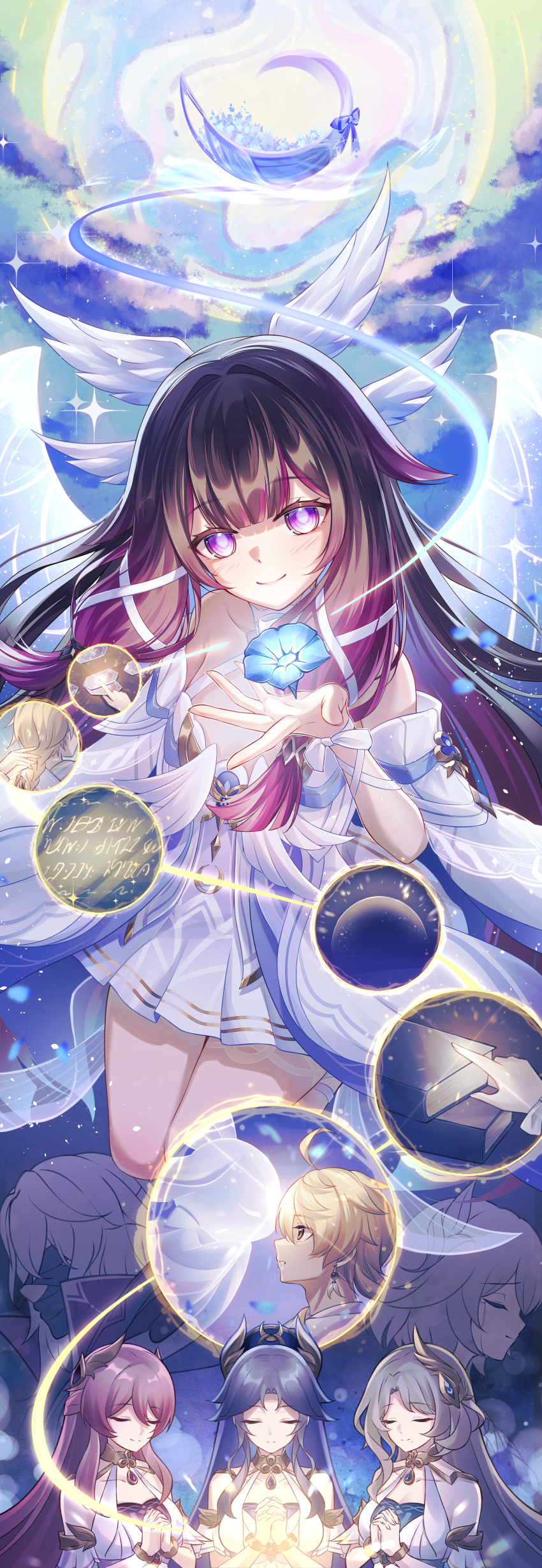 2boys, 4girls, absurdres, aether_(genshin_impact), aria_(genshin_impact), bandages_over_mouth, bare_shoulders, blonde_hair