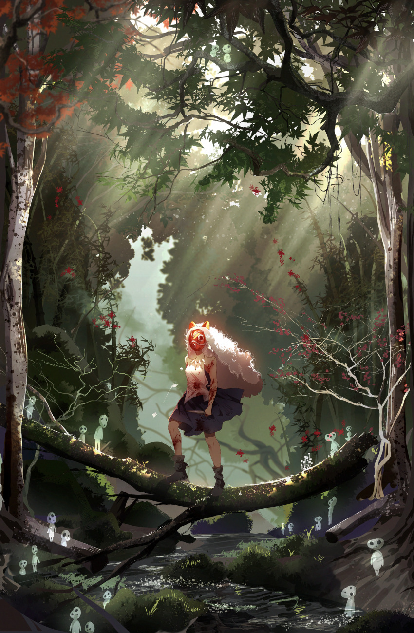 1girl, absurdres, artkurera, blood, blood_on_clothes, commentary, dappled_sunlight, english_commentary