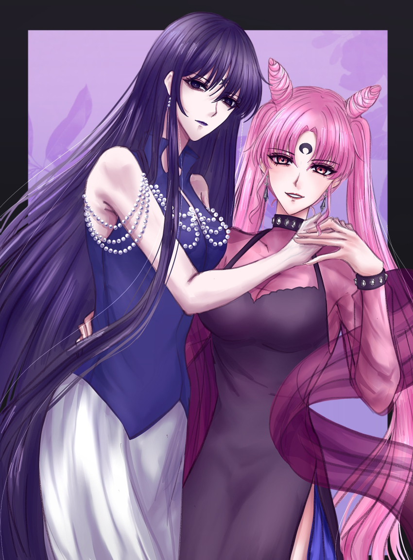 2girls, aged_up, arm_around_another's_waist, bare_shoulders, bishoujo_senshi_sailor_moon, bishoujo_senshi_sailor_moon_r, bishoujo_senshi_sailor_moon_s, black_border