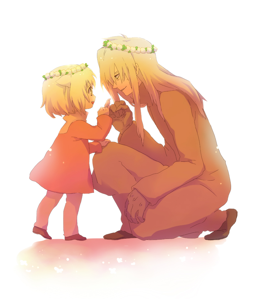 00s, 1boy, 1girl, age_difference, animal_ears, bad_id, bad_pixiv_id, blonde_hair, cat_ears, child, family_bonding, father_and_child, father_and_daughter, happy, head_wreath, if_they_mated, kneeling, memusu, oversized_limbs, parent_and_child, size_difference, smile, tengen_toppa_gurren_lagann, toufuno, viral_(ttgl), white_background