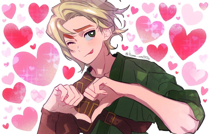 1boy, ;p, animification, artist_name, blonde_hair, blush, bright_pupils, closed_mouth