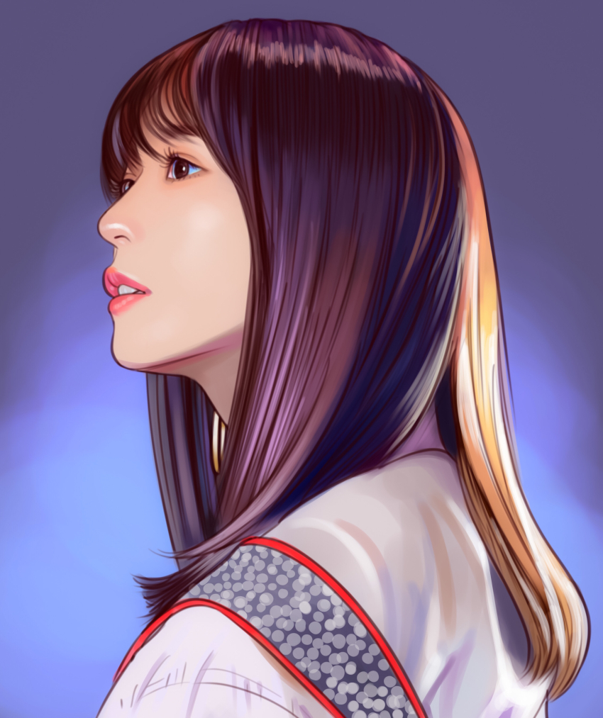 1girl, absurdres, bad_tag, brown_eyes, brown_hair, commentary_request, eyelashes, highres, keyakizaka46, lipstick, long_hair, makeup, nagahama_neru, real_life, shirt, solo, terarin, white_shirt