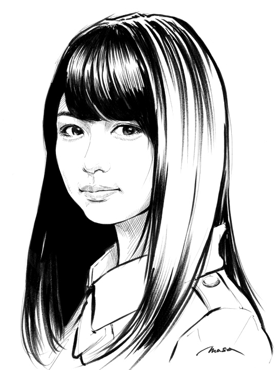 1girl, commentary_request, greyscale, hatching_(texture), keyakizaka46, long_hair, looking_at_viewer, masa_(masa_room)