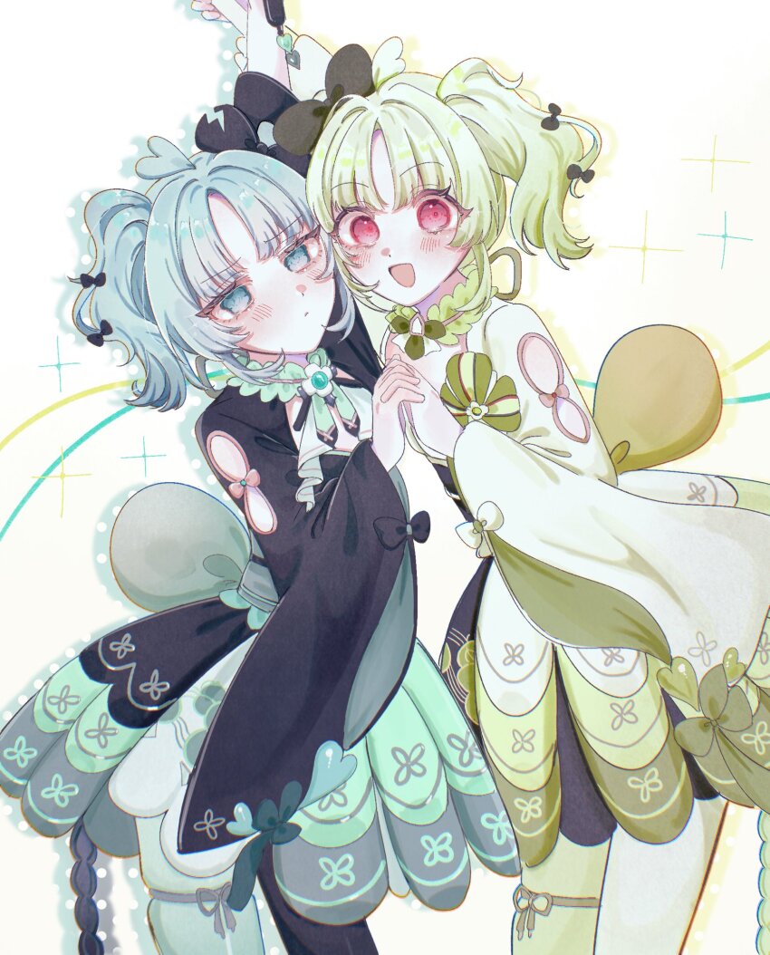 2girls, black_bow, black_bowtie, blue_eyes, blush, bow, bowtie, commentary_request