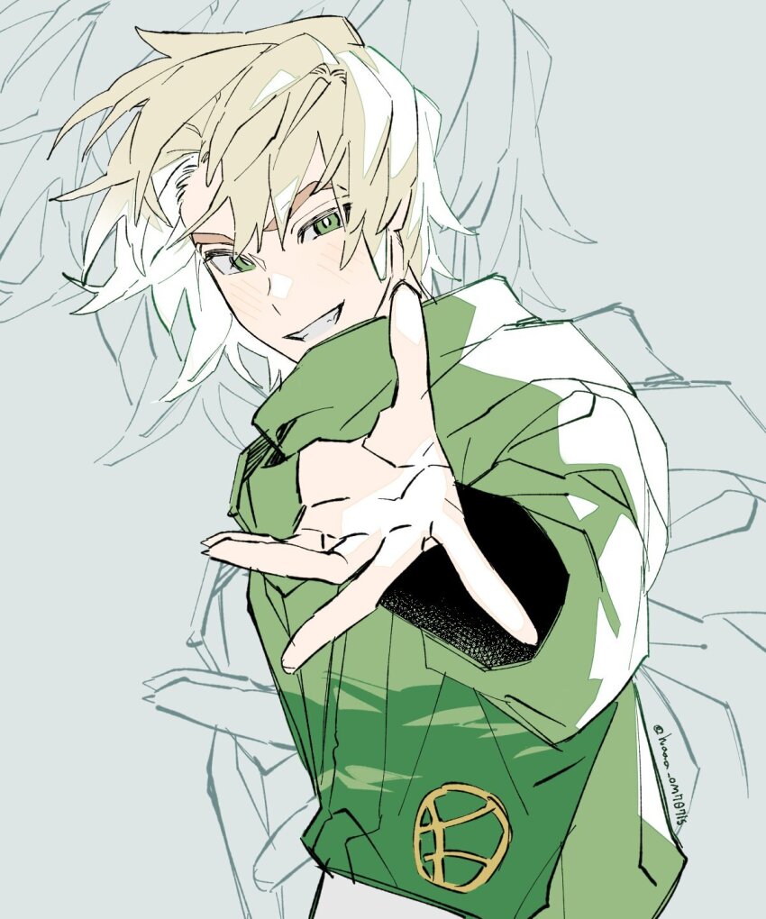 1boy, animification, artist_name, blonde_hair, blush, bright_pupils, commentary_request, green_dougi, green_eyes, grey_background, grin, haaa_om007ls, highres, korean_commentary, lloyd_garmadon, long_sleeves, looking_at_viewer, male_focus, ninjago, ninjago:_dragons_rising, outstretched_hand, reaching, reaching_towards_viewer, short_hair, simple_background, smile, solo, the_lego_group, twitter_username, upper_body, white_pupils