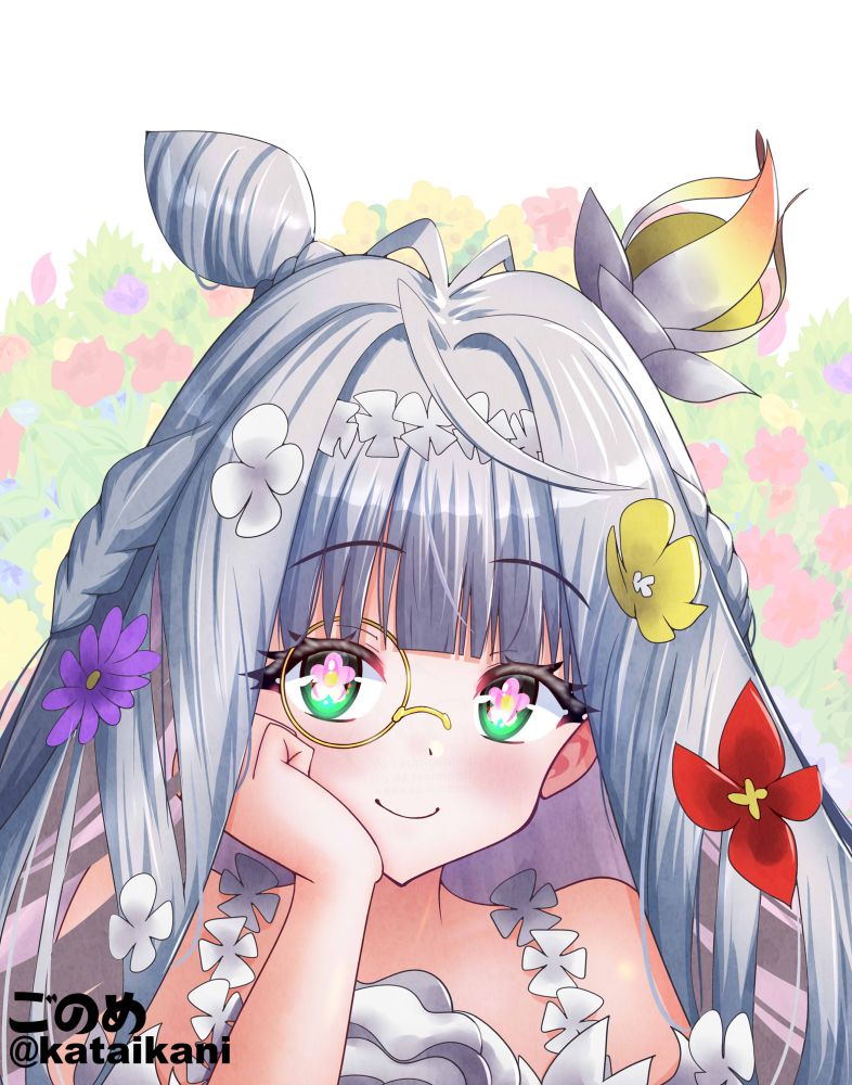 1girl, bare_shoulders, blush, braid, breasts, commentary_request, cone_hair_bun, degudoga