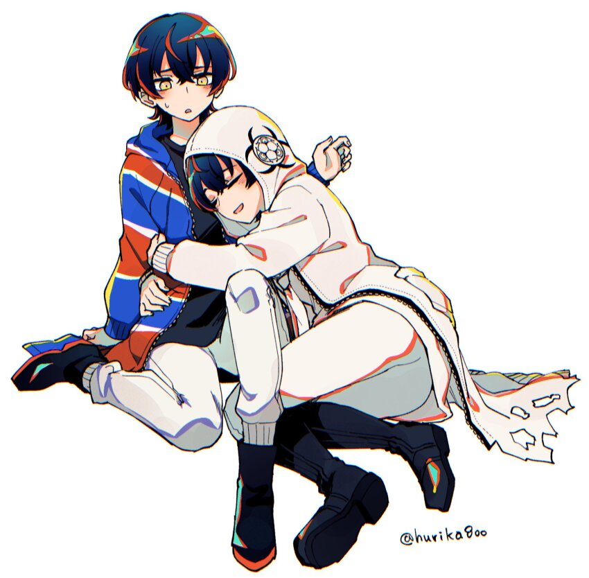 2girls, biohazard_symbol, black_boots, black_hair, black_shirt, black_shoes, boots, coat