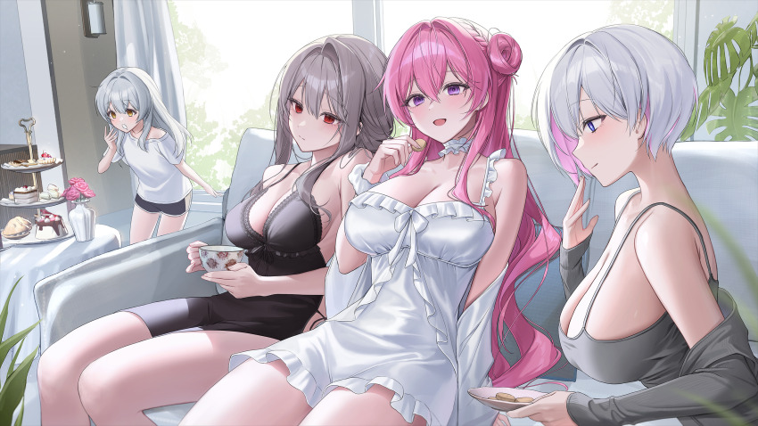 4girls, black_nightgown, black_shorts, blue_eyes, breasts, cake, cleavage, commentary_request