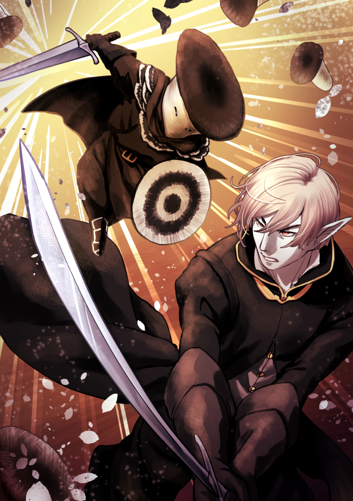 2boys, arthur_knight_of_the_dense_woodland, brown_gloves, cape, chidoriasunaro, commentary_request, erebas_the_demon_king, fighting_stance, gloves, hair_between_eyes, holding, holding_sword, holding_weapon, multiple_boys, mushroom_boy, pale_skin, pixiv_fantasia, pixiv_fantasia_last_saga, pointy_ears, shield, short_hair, sword, weapon