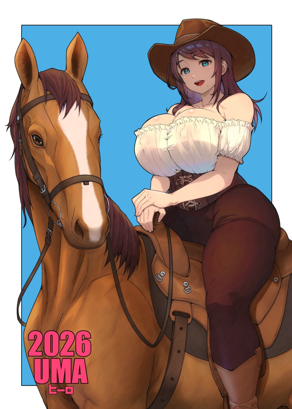 1girl, 2026, animal, black_hair, blue_eyes, boots, breasts, brown_hat, brown_horse, chinese_zodiac, cleavage, commentary_request, cowboy, cowboy_boots, cowboy_hat, cowboy_western, cowgirl_(western), curvy, happy_new_year, hat, hero_(do-belman), highres, holding, holding_reins, horse, horseback_riding, huge_breasts, jewelry, large_breasts, long_hair, looking_at_viewer, new_year, open_mouth, original, reins, riding, shirt, smile, solo, thick_thighs, thighs, western, year_of_the_horse, yoke_(clothing)