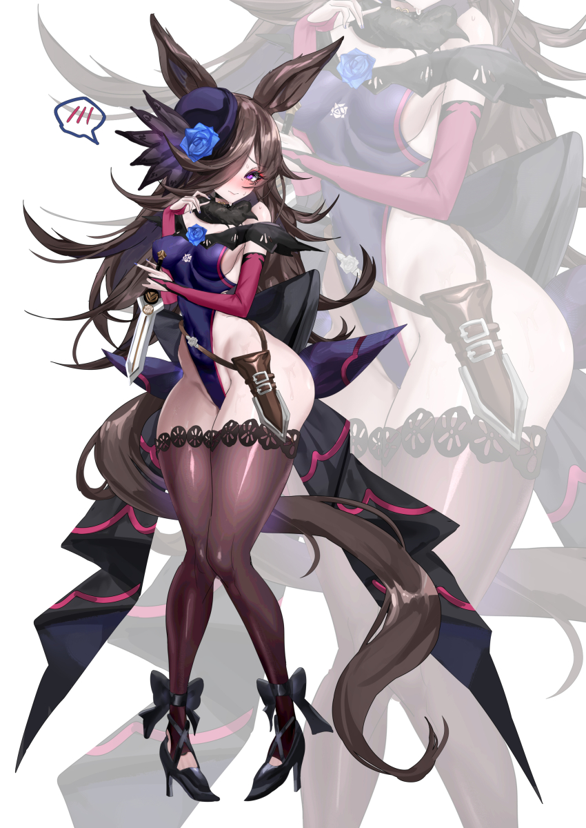 1girl, absurdres, adapted_costume, alternate_breast_size_(larger), animal_ears, ankle_bow, ankle_ribbon, bare_shoulders, black_bow, black_hair, black_pantyhose, black_shoes, blue_flower, blue_rose, blush, bow, breasts, bridal_gauntlets, closed_mouth, commentary_request, dagger, flower, hair_over_one_eye, hat, hat_flower, high_heels, highleg, highleg_leotard, highres, holding, holding_dagger, holding_knife, holding_weapon, horse_ears, horse_girl, horse_tail, knife, knife_sheath, leotard, long_hair, looking_at_viewer, medium_breasts, nose_blush, off-shoulder_leotard, paid_reward_available, pantyhose, pigeon-toed, purple_eyes, purple_leotard, red_bridal_gauntlets, ribbon, rice_shower_(rosy_dreams)_(umamusume), rice_shower_(umamusume), rose, sheath, shoes, simple_background, sizhe, spoken_blush, super_highleg, sweat, tail, thick_thighs, thighs, tilted_headwear, umamusume, waist_bow, weapon, white_background, wide_hips, zoom_layer