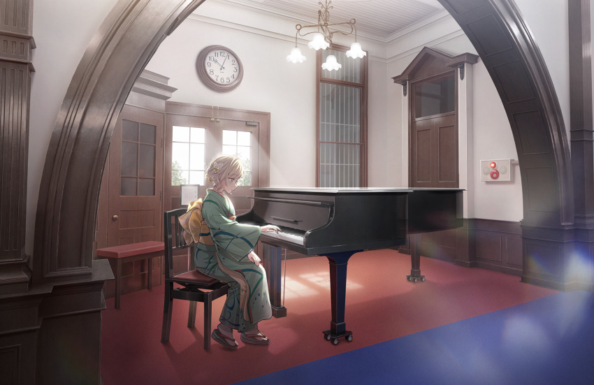 1girl, analog_clock, back_bow, blue_eyes, bow, brown_sandals, ceras_yanagida_lilienfeld, ceras_yanagida_lilienfeld_(hasu_no_sora_karuta)