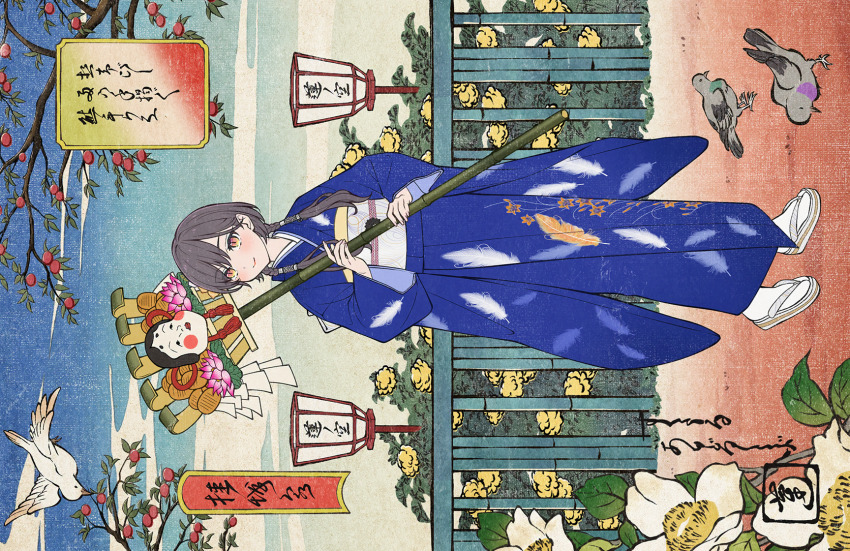 1girl, archaic_japanese_text, bird, black_hair, blue_kimono, blush, braid, closed_mouth