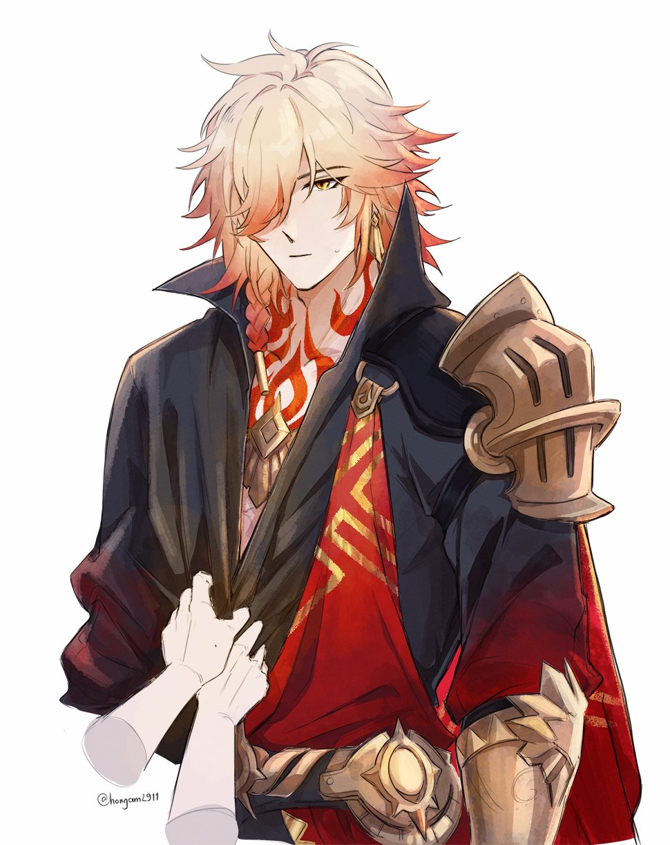 1boy, 1other, armor, black_coat, blonde_hair, braid, chest_tattoo, clawed_gauntlets