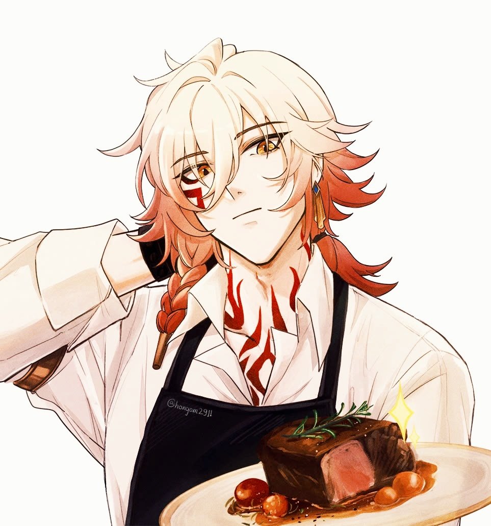 1boy, armlet, black_gloves, blonde_hair, braid, chest_tattoo, collared_shirt, commentary