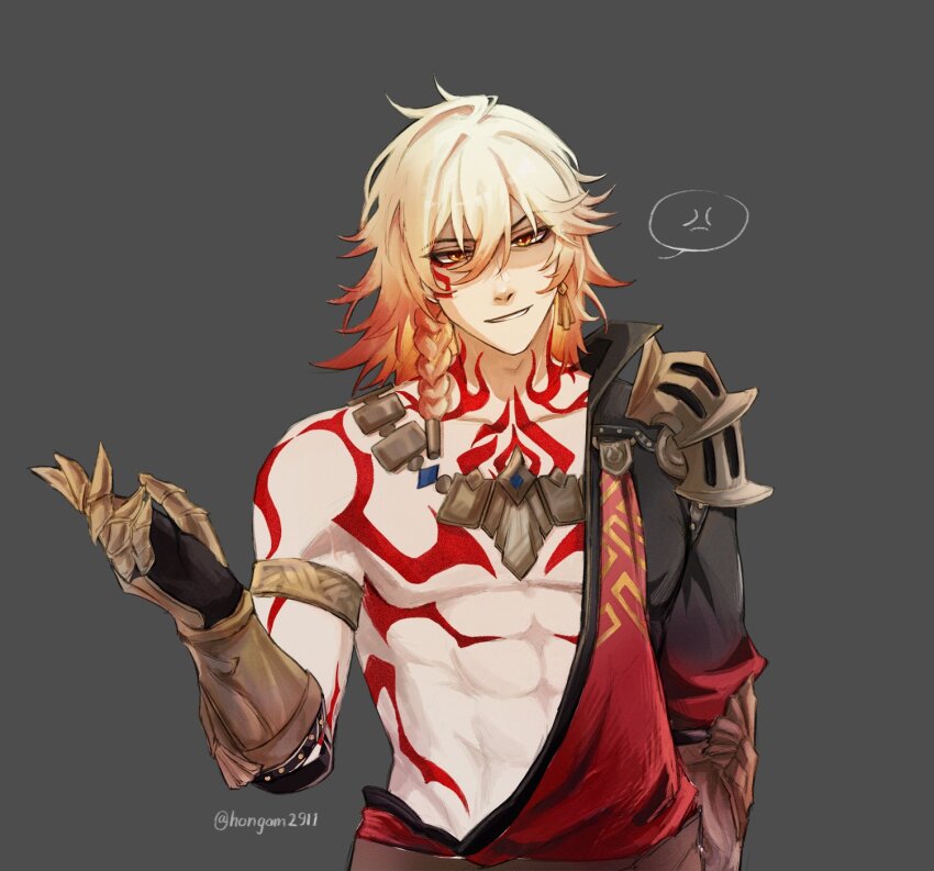 1boy, abs, anger_vein, arm_tattoo, armlet, black_coat, blonde_hair, braid