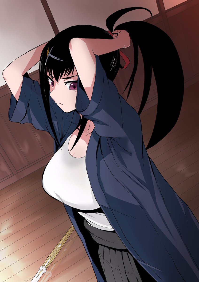 09012732821, 1girl, black_hair, black_skirt, blue_hakama, breasts, closed_mouth, from_above