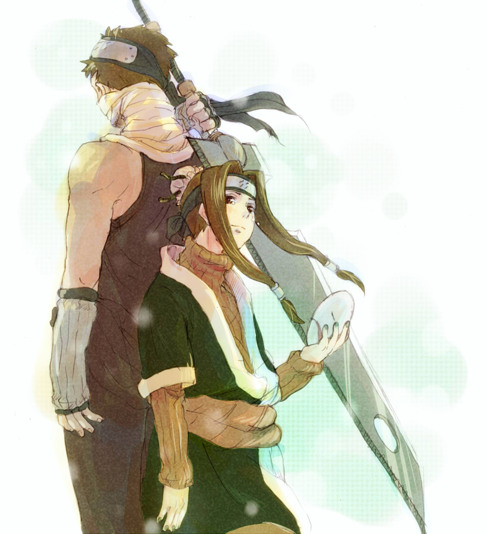 2boys, androgynous, back-to-back, bad_id, bad_pixiv_id, brown_hair, forehead_protector, haku_(naruto)