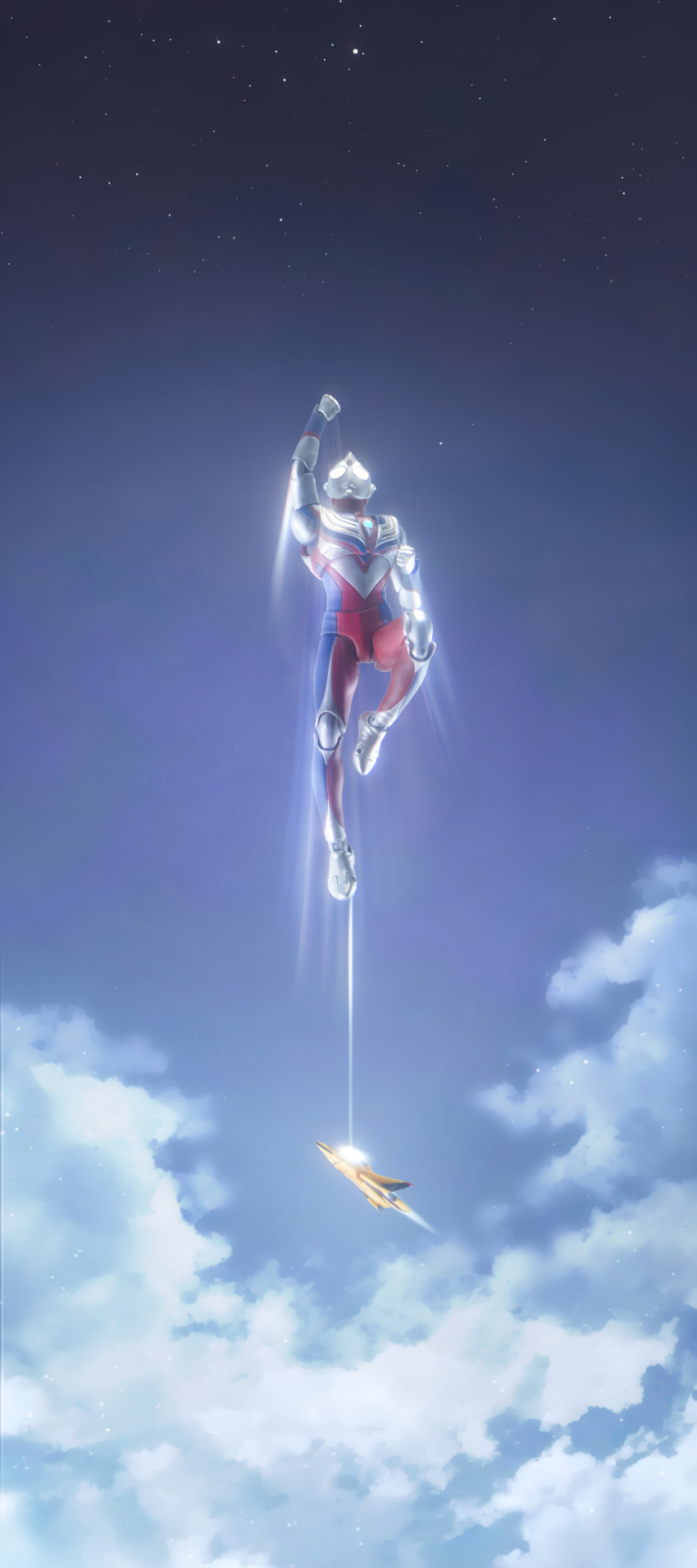 1boy, absurdres, aircraft, airplane, alien, arm_up, armor, blue_sky