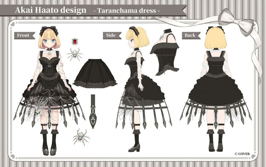 1girl, akai_haato, akai_haato_(taranchama_dress), ankle_strap, black_boots, black_choker, black_dress, blonde_hair