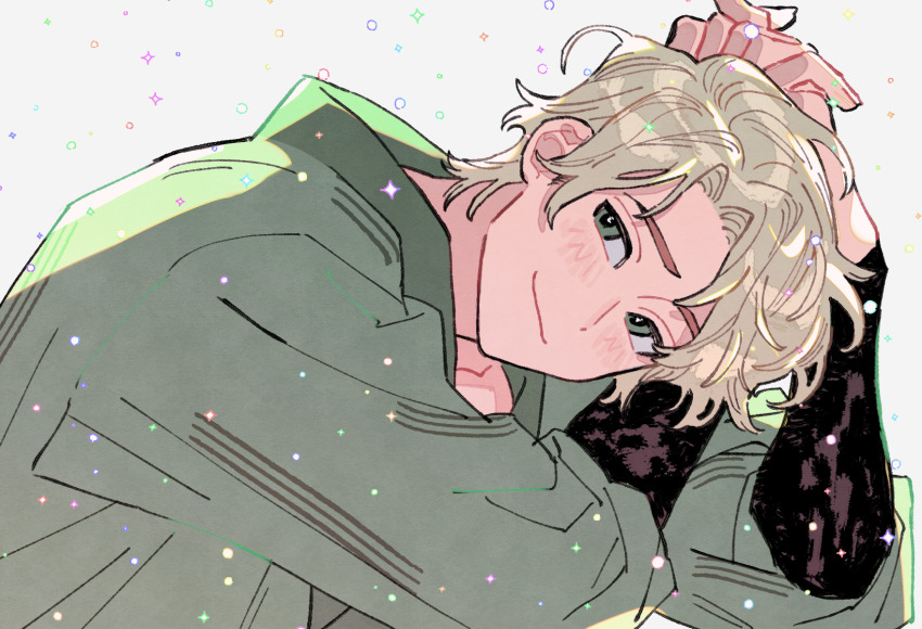 1boy, animification, blonde_hair, blush, closed_mouth, commentary_request, dougi, green_dougi