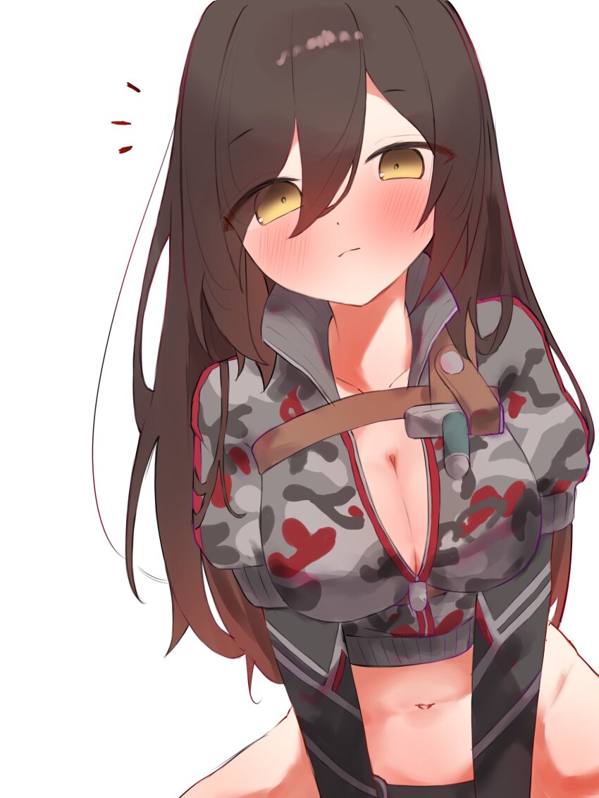 1girl, absurdres, black_jacket, breasts, brown_hair, cleavage, closed_mouth, commentary_request, cropped_jacket, highres, hololive, jacket, large_breasts, navel, partially_unzipped, roboco-san, roboco-san_(1st_costume), solo, tepenchi, virtual_youtuber, white_background, yellow_eyes, zipper, zipper_pull_tab