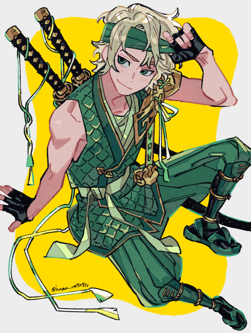 1boy, adjusting_clothes, animification, arm_support, armor, artist_name, belt, black_gloves