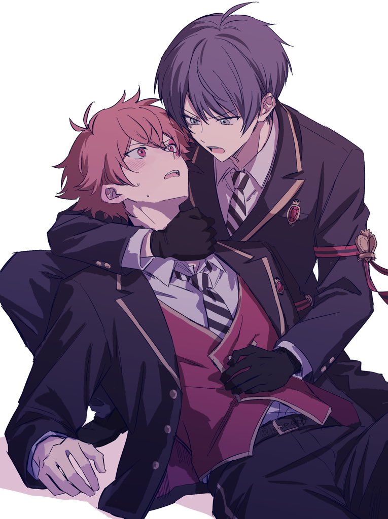 2boys, ace_trappola, arm_around_shoulder, arm_strap, belt, black_gloves, blazer, blush