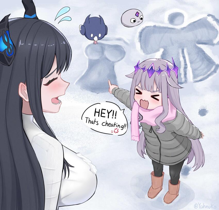 >_<, 2girls, absurdres, alternate_costume, anger_vein, artist_name, asymmetrical_horns, bird, black_hair, black_horns, black_pantyhose, blush, boots, breasts, brown_boots, casual, cheating_(competitive), closed_mouth, coat, commentary, day, demon_horns, english_commentary, english_text, flying_sweatdrops, from_above, full_body, fur_boots, gem, gem_hair_ornament, hair_flaps, height_difference, highres, hololive, hololive_english, horns, jailbird_(nerissa_ravencroft), koseki_bijou, large_breasts, licking, long_hair, long_sleeves, multiple_girls, nerissa_ravencroft, open_mouth, outdoors, pantyhose, pebble_(koseki_bijou), pink_coat, pink_hair, pointing, purple_gem, sidelocks, smile, snow, snow_angel, snow_on_clothes, sweater, teeth, tongue, tongue_out, turtleneck, turtleneck_sweater, ugg_boots, uneven_horns, very_long_hair, virtual_youtuber, white_sweater, winter, yahnuko