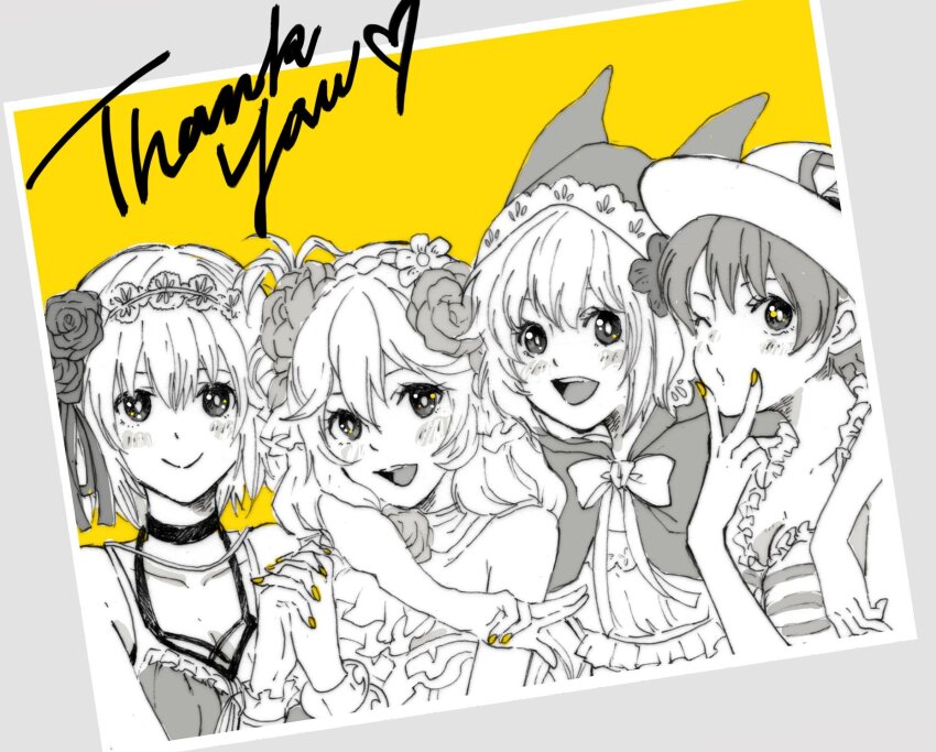 4girls, bad_id, bad_pixiv_id, breasts, cleavage, closed_mouth, dorothy_(grimms_notes), dorothy_(summer)_(grimms_notes), eleanor_linless_(grimms_notes), eleanor_linless_(summer)_(grimms_notes), english_text, fingernails, grey_scales, grimms_notes, hair_between_eyes, hat, heart, highres, holding_hands, hood, hood_up, jeanne_d'arc_(grimms_notes), jeanne_d'arc_(summer)_(grimms_notes), long_hair, looking_at_viewer, misoshiru_umai4, multiple_girls, open_mouth, partially_colored, photo_(object), red_riding_hood_(grimms_notes), red_riding_hood_(summer)_(grimms_notes), short_hair, smile, swimsuit, teeth, upper_teeth_only, yellow_nails