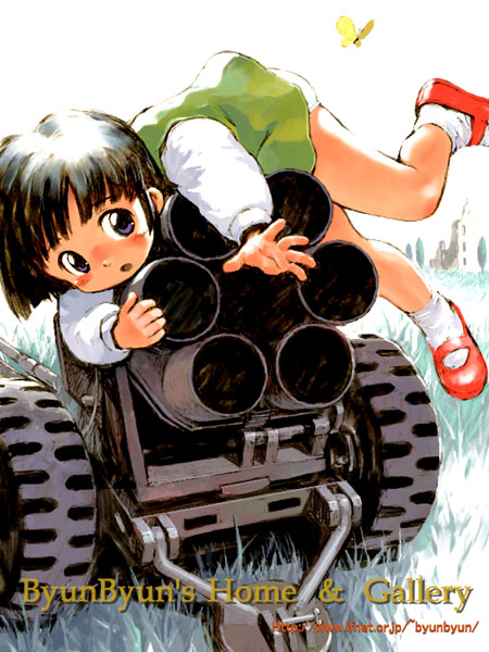 1girl, artillery, artist_name, bad_id, black_eyes, black_hair, blunt_bangs, bug, butterfly, cannon, commentary, dress, full_body, grass, green_dress, insect, loli, mary_janes, nebelwerfer, open_mouth, original, outdoors, outstretched_arm, panties, pantyshot, pinafore_dress, purple_butterfly, red_shoes, shirt, shoes, short_dress, short_hair, sleeveless, sleeveless_dress, socks, solo, towed_artillery, tsuzuki_kazuhiko, underwear, watermark, web_address, white_panties, white_shirt, white_socks