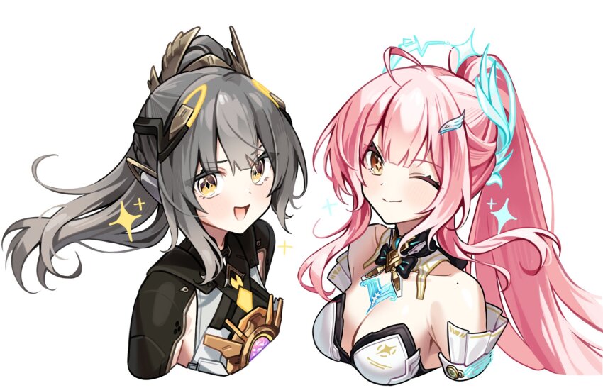 2girls, :d, aemeath_(wuthering_waves), ahoge, breasts, cleavage, closed_mouth, commentary_request, cropped_torso, grey_hair, hair_ornament, headgear, highres, korean_commentary, long_hair, looking_at_viewer, medium_breasts, mole, mole_on_shoulder, multiple_girls, myam_(123ab456c), nanami:_startrail_(pgr), nanami_(pgr), open_mouth, pink_hair, punishing:_gray_raven, simple_background, smile, star-shaped_pupils, star_(symbol), symbol-shaped_pupils, trait_connection, white_background, wing_hair_ornament, wuthering_waves, yellow_eyes