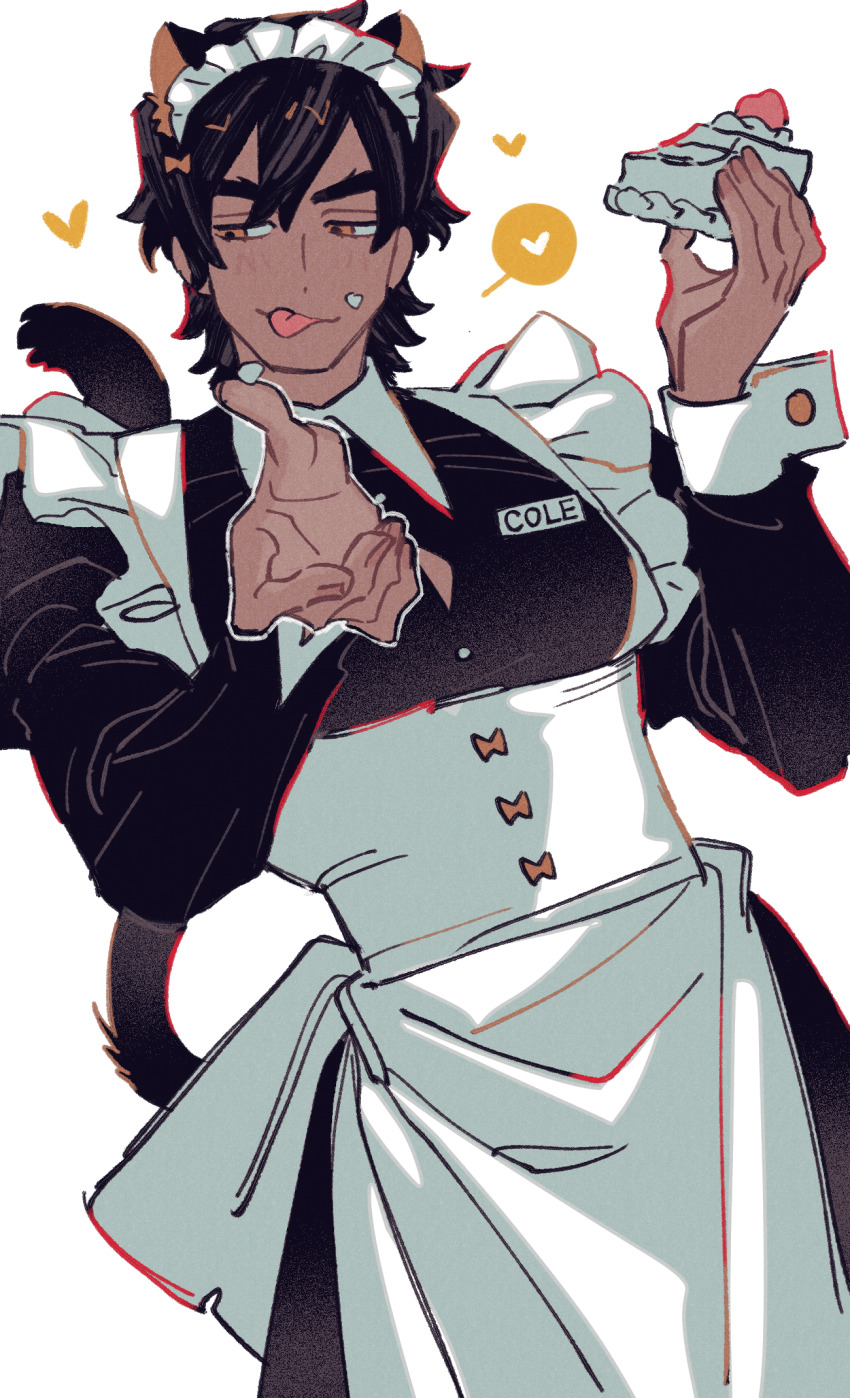 1boy, :p, alternate_costume, animal_ears, animification, apron, back_bow, black_dress, black_hair, bow, brown_bow, cake, cat_boy, cat_ears, cat_tail, cole_(ninjago), collared_dress, commentary_request, crossdressing, crossdressing_(mtf), dress, enmaided, food, food_on_face, food_on_hand, haaa_om007ls, hair_bow, heart, highres, holding, holding_cake, holding_food, juliet_sleeves, korean_commentary, light-skinned_palms, long_sleeves, maid, maid_headdress, male_focus, name_tag, ninjago, orange_eyes, partially_unbuttoned, puffy_sleeves, short_hair, simple_background, solo, speech_bubble, spoken_heart, tail, the_lego_group, tongue, tongue_out, white_apron, white_background, white_bow, wing_collar