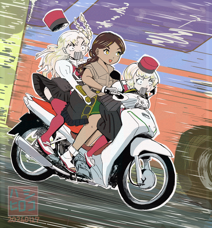 3girls, absurdres, artist_logo, blonde_hair, brown_hair, bus, commentary_request, dark-skinned_female