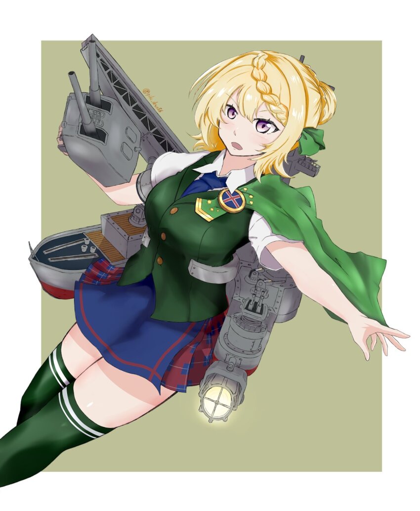 1girl, badge, blonde_hair, blue_necktie, blue_skirt, braid, braided_bangs, breasts