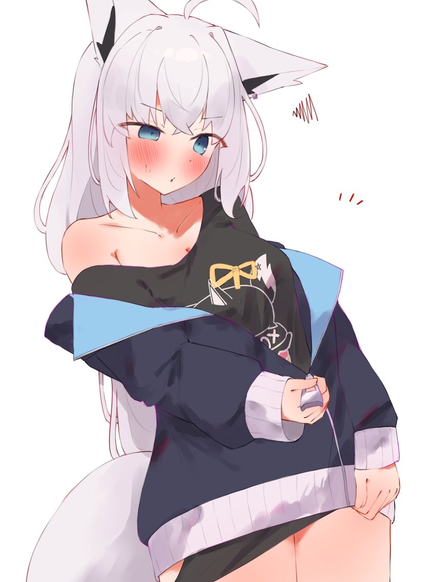 1girl, absurdres, animal_ears, black_jacket, black_shirt, blue_eyes, blush, breasts