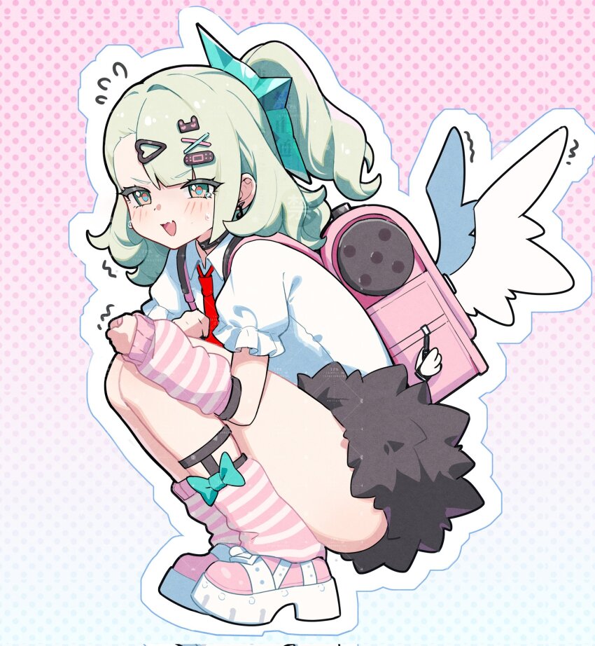 1girl, angels_of_delusion, arm_warmers, bag, bandaid, bandaid_hair_ornament, black_choker, black_skirt