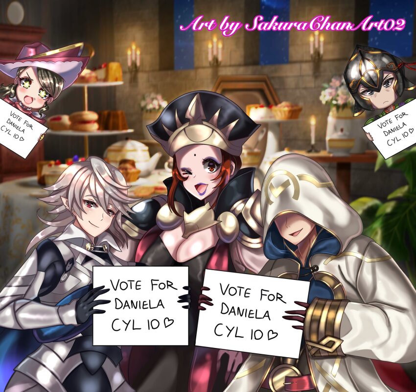 2girls, 3boys, ;d, breasts, candace_(fire_emblem), commentary, daniela_(fire_emblem), english_commentary, fire_emblem, fire_emblem_fates, fire_emblem_heroes, haitaka_(fire_emblem), hat, highres, holding, holding_sign, hooded_robe, indoors, kiran_(fire_emblem), large_breasts, lipstick, looking_at_viewer, makeup, male_corrin_(fire_emblem), male_kiran_(fire_emblem), multiple_boys, multiple_girls, nintendo, one_eye_closed, open_mouth, purple_lips, red_eyes, red_hair, robe, sakurachanart02, sign, smile