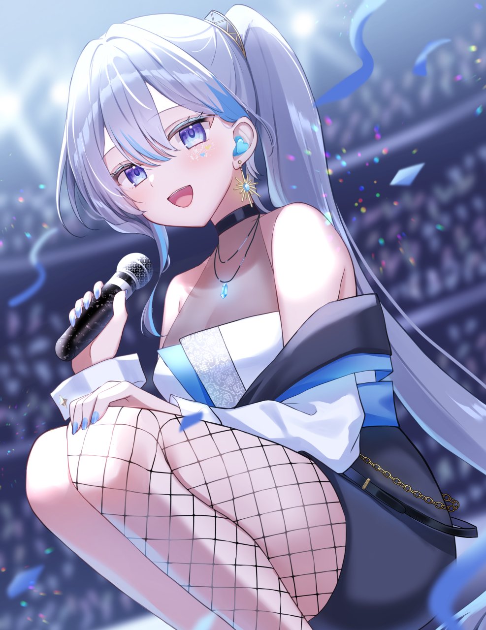1girl, bare_shoulders, black_choker, black_shorts, blue_eyes, blurry, blurry_background, choker, commentary_request, earrings, fishnet_pantyhose, fishnets, hamico, highres, holding, holding_microphone, indie_utaite, indie_virtual_youtuber, jewelry, long_hair, long_sleeves, microphone, music, off_shoulder, open_mouth, pantyhose, ponytail, shin_(utaite), shorts, singing, single_leg_pantyhose, solo, squatting, stage_lights, utaite, virtual_youtuber, white_hair, white_sleeves