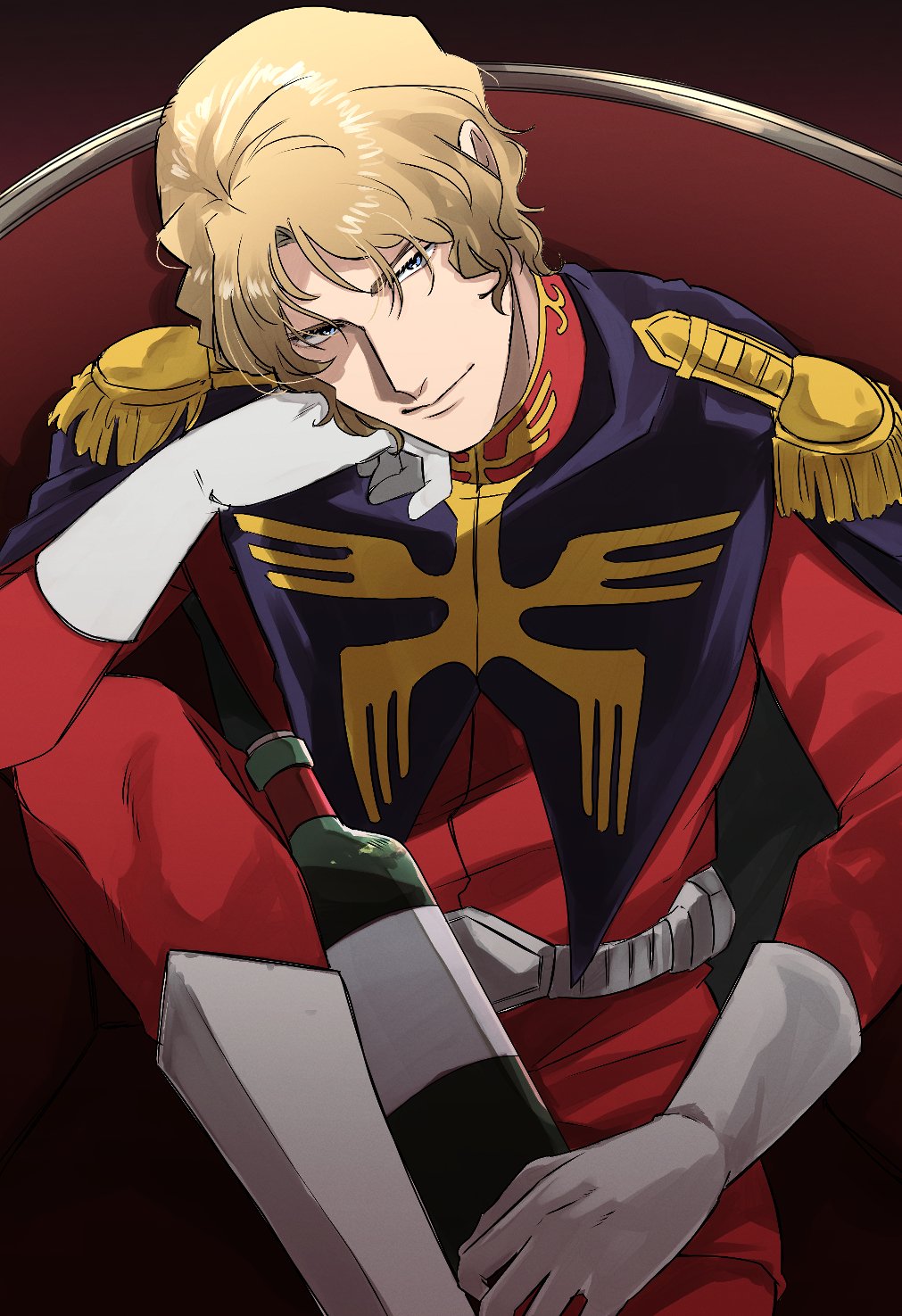 1boy, alcohol, beeeeetan, belt, black_capelet, blonde_hair, blue_eyes, boots, bottle, capelet, chair, char_aznable, commentary_request, epaulettes, full_body, gloves, gundam, gundam_gquuuuuux, half-closed_eyes, hand_on_own_cheek, hand_on_own_face, head_on_hand, head_rest, highres, holding, holding_bottle, jacket, knee_up, long_sleeves, looking_at_viewer, male_focus, military_uniform, mobile_suit_gundam, missing_headwear, on_chair, pants, red_jacket, red_pants, short_hair, sitting, smile, solo, white_belt, white_boots, white_gloves, wine_bottle, zeon