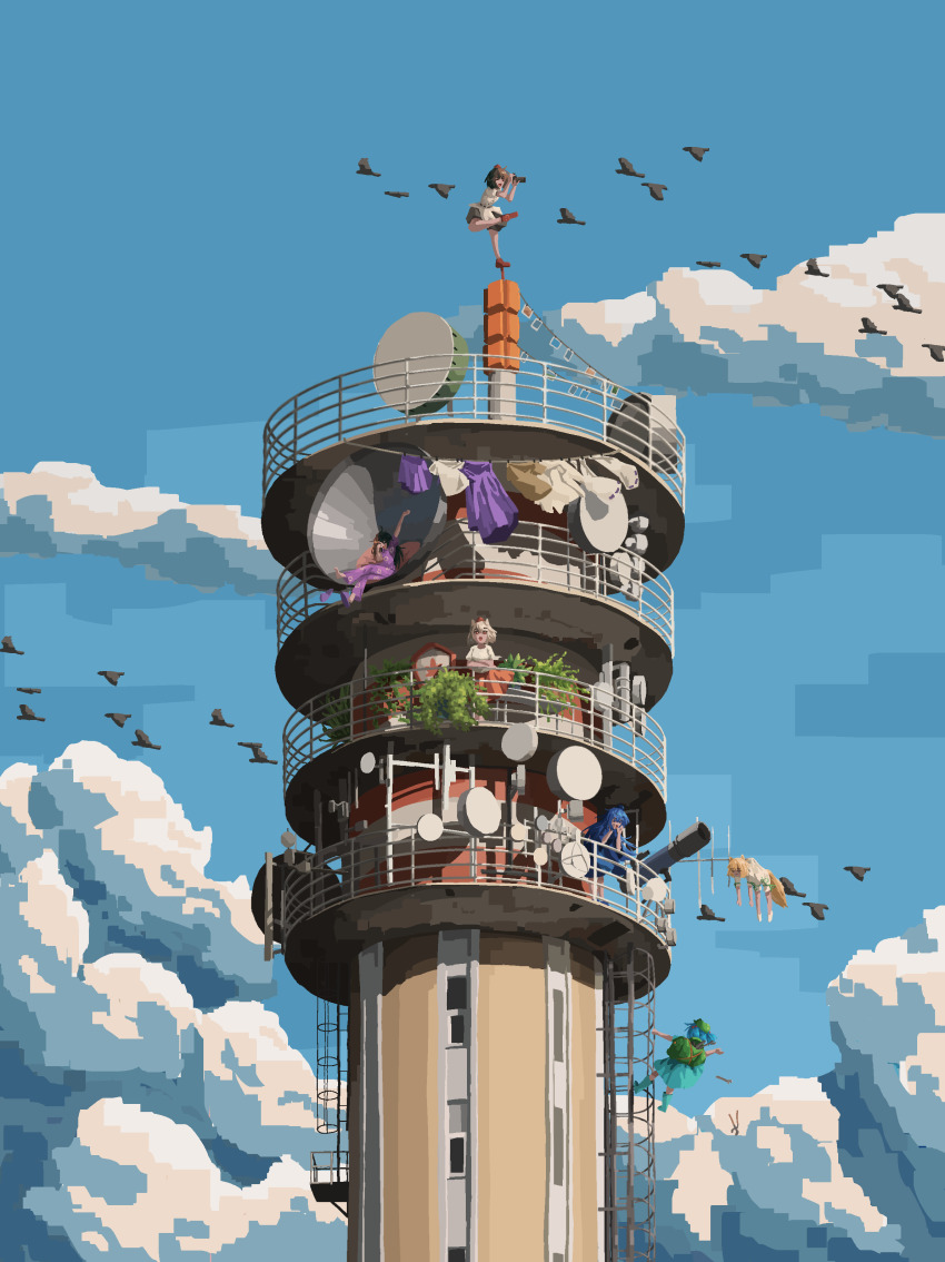 6+girls, absurdres, animal_ears, arm_up, backpack, bag, bai_huashu, bird